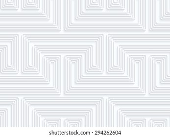 Quilling paper fastened arcs with offset.White geometric background. Seamless pattern. 3d cut out of paper effect with realistic shadow.