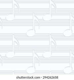 Quilling paper music notes.White geometric background. Seamless pattern. 3d cut out of paper effect with realistic shadow.