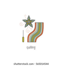 Quilling vector thin line icon. Flower, awl and quilling paper. Colored isolated symbol. Logo template, element for business card or workshop announcement. Simple mono linear modern design.