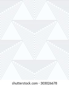 Quilling white paper big triangles with offset.White geometric background. Seamless pattern. 3d cut out of paper effect with realistic shadow.