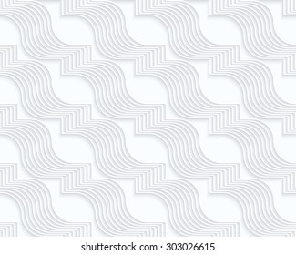 Quilling white paper diagonal wavy ribbons.White geometric background. Seamless pattern. 3d cut out of paper effect with realistic shadow.