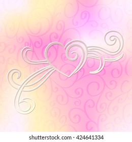 Quilling white paper hearts in soft pink background with swirls. 3d cut out of paper effect with realistic shadow.. eps-10