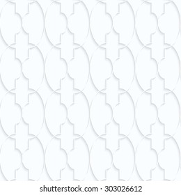 Quilling white paper Marrakech with ovals grid.White geometric background. Seamless pattern. 3d cut out of paper effect with realistic shadow.