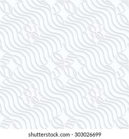 Quilling white paper pointy diamonds on waves.White geometric background. Seamless pattern. 3d cut out of paper effect with realistic shadow.