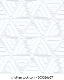 Quilling white paper rounded triangles with turn.White geometric background. Seamless pattern. 3d cut out of paper effect with realistic shadow.