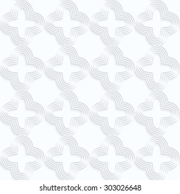 Quilling white paper striped rounded four foils in row.White geometric background. Seamless pattern. 3d cut out of paper effect with realistic shadow.