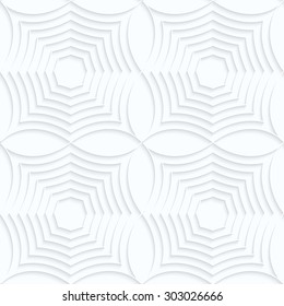 Quilling white paper striped spider webs in row.White geometric background. Seamless pattern. 3d cut out of paper effect with realistic shadow.