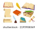 Quills, old books and paper vector illustrations set. Papyrus or parchment scrolls, stack of hard cover books, quill pens with inkwell isolated on white background. Literature, fantasy, poetry