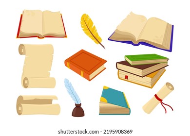 Quills, old books and paper vector illustrations set. Papyrus or parchment scrolls, stack of hard cover books, quill pens with inkwell isolated on white background. Literature, fantasy, poetry