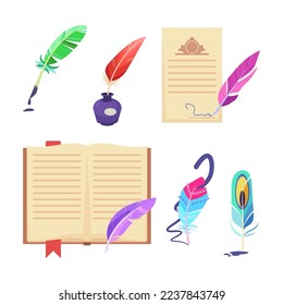 Quills for signing documents vector illustrations set. Cartoon drawings of colorful bird feathers, inkpot, book and certificate isolated on white background. Creativity, writing concept