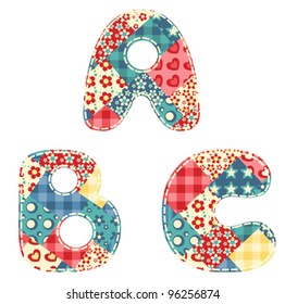 Quilt alphabet. Letters A, B, C. Vector illustration.
