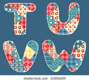 Quilt alphabet. Letters T, U, V, W. Vector illustration.