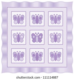 Quilt, Baby Butterflies nursery blanket, old fashioned applique and patchwork design pattern in pastel lavender and white check gingham, polka dots, satin ribbon frame border. Isolated on white 