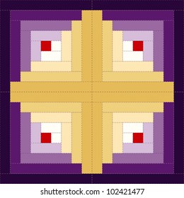 Quilt block, Log Cabin Pattern, barn raising design variation, traditional stitched patchwork background pattern. 