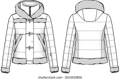 Die gepflegte Daunenfederjacke mit technischer Illustration aus Pelzhaut. Bearbeitbare Schuhputzskizze