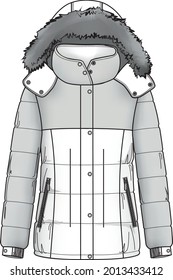 Quilt dawn feather jacket parka with fur hood technical illustration. Editable outwear flat fashion sketch