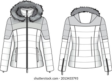 Quilt dawn feather jacket parka with fur hood technical illustration. Editable outwear flat fashion sketch