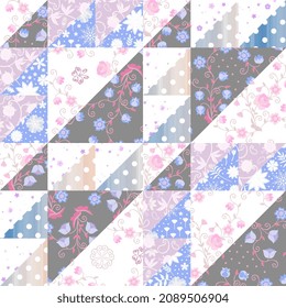 Quilt design from triangle patches with floral and dotted ornament. Cute patchwork pattern.
