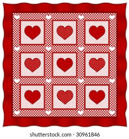 Quilt, Old fashioned Heart of Hearts friendship and love patchwork and applique design pattern in red and white gingham and polka dots, red satin border. Isolated on white. 
