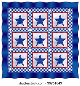 Quilt, old fashioned patriotic American patchwork design in red, white and blue gingham checks, polka dots and stars, blue satin border. 