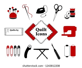Quilt, Patchwork DIY Icons, pincushion, needle, thread, iron, scissors, bobbins, sewing label and machine, safety pins, rotary cutter, ironing board, seam ripper.