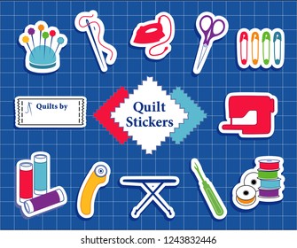 Quilt, Patchwork DIY Stickers, pincushion, needle, thread, iron, scissors, bobbins, sewing label and machine, safety pins, rotary cutter, ironing board, seam ripper on blue cutting mat.