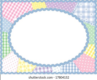 Quilt Patchwork Frame, design pattern, pastel gingham and polka dots, powder blue rick rack, oval copy space to add pictures or text for albums, scrapbooks, baby books. 