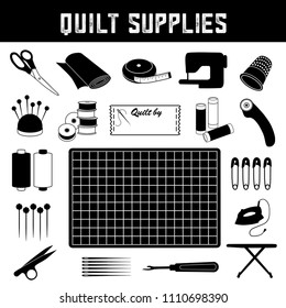 Quilt, Patchwork: scissors, fabric, sewing machine, pincushion, thimble, tape measure, bobbin, label, safety pin, needle, cutting mat, rotary cutter, thread clips, iron, board, seam ripper, DIY sewing