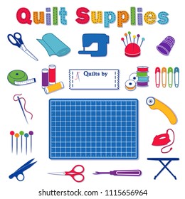 Quilt, Patchwork: scissors, fabric, sewing machine, pincushion, thimble, tape measure, bobbin, label, safety pin, needle, cutting mat, rotary cutter, thread clips, iron, board, seam ripper, DIY sewing