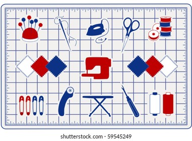 Quilt, Patchwork, Sewing, Tailor, DIY cutting mat, pincushion, needle, iron, scissors, bobbins, fabric, sewing machine, safety pin, rotary blade cutter, ironing board, seam ripper, fashion thread.  
