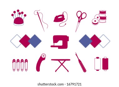 Quilt, Patchwork Tools for DIY craft, hobby: pin cushion, needle, iron, scissors, bobbins, fabrics, sewing machine, safety pins, rotary blade cutter, ironing board, seam ripper, fashion thread.  
