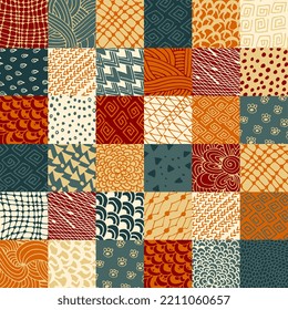 Quilt seamless pattern from square patches with doodle ornaments. Vector illustration. Beautiful patchwork design.