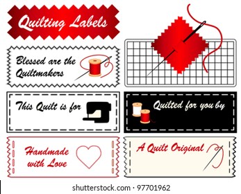 Quilt Sewing Labels, copy space to add name for quilts, patchwork, applique, DIY crafts, hobbies. Needle, thread, sewing machine, cutting mat, blessed are the quilt makers, heart, handmade with love. 