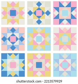 Quilt sewing pattern design. Seamless pattern. Patchwork block. Vector illustration.