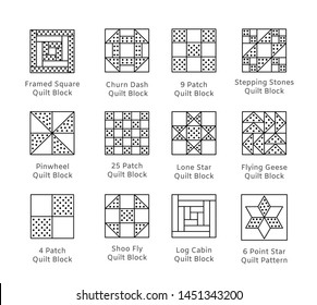 Quilt sewing pattern. Log cabin, pinwheel tiles. Quilting & patchwork blocks from fabric squares, triangles. Vector line icon set. Isolated objects on white background