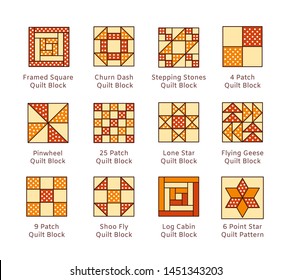 Quilt sewing pattern. Log cabin, pinwheel tiles. Quilting & patchwork blocks from fabric squares, triangles. Vector flat colorful icon set. Isolated objects on white background