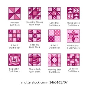 Quilt sewing pattern. Log cabin, pinwheel tiles. Quilting & patchwork fabric blocks with polka dot. Vector flat pink icon set. Isolated objects on white background