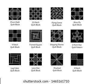 Quilt sewing pattern. Log cabin, pinwheel tiles. Quilting & patchwork blocks from fabric squares, triangles. Vector flat icon set. Isolated objects on white background