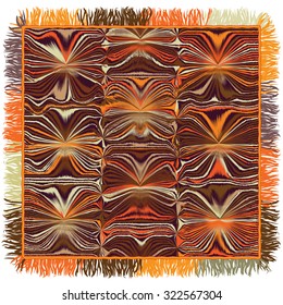 Quilt square carpet with grunge striped wavy pattern and fringe in orange,brown,beige colors