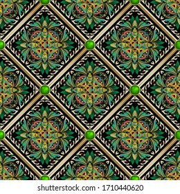 Quilted 3d seamless pattern. Vector ornamental floral background. Geometric repeat rhombus backdrop. Vintage colorful Paisley flowers, leaves. Surface 3d round buttons. Tribal ethnic style ornaments.