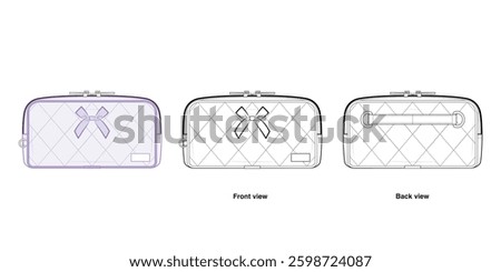 Quilted Bow Travel Pouch Technical Fashion Illustration. Elegant Cosmetic Bag Vector Template. Front and Back View. Compact Organizer with Handle. CAD Mockup Set.