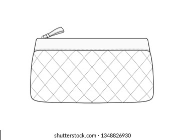 Quilted cosmetic bag, diamond stitching pattern zipped makeup bag, daily zip pouch vector illustration sketch template