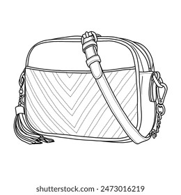 Quilted Cross body Bag, Trendy Design Shoulder Purse Line art, Suitable for your custom women handbags design, outline vector doodle illustration side view, isolated on white background