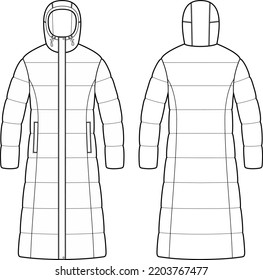 Quilted down coat flat sketch. Winter fur coat apparel design. Front back. Women CAD mockup. Fashion technical drawing template. Vector illustration.
