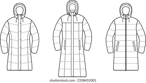 Quilted down coat flat sketch. Winter overcoat set apparel design. Front view. Women CAD mockup. Technical drawing template. Vector illustration.