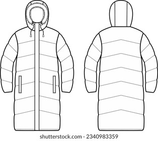 Quilted down coat flat sketch. Winter outerwear apparel design. Front and back. Women CAD mockup. Technical drawing template. Vector illustration.