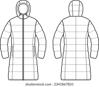 Quilted down coat flat sketch. Winter zip up overcoat apparel design. Front back. Women CAD mockup. Technical drawing template. Vector illustration.