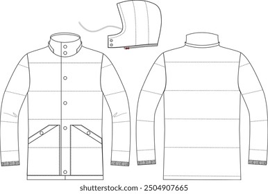 Quilted down coat flat sketch outerwear apparel design Front and back Technical drawing Vector