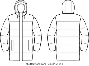 Quilted down coat with hood flat sketch. Winter fur overcoat apparel design. Front and back. Men CAD mockup. Technical drawing. Vector illustration.