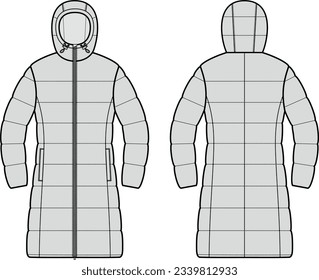 Quilted down coat with hood flat sketch. Winter zip up overcoat apparel design. Front back. Women CAD mockup. Technical drawing. Vector illustration.